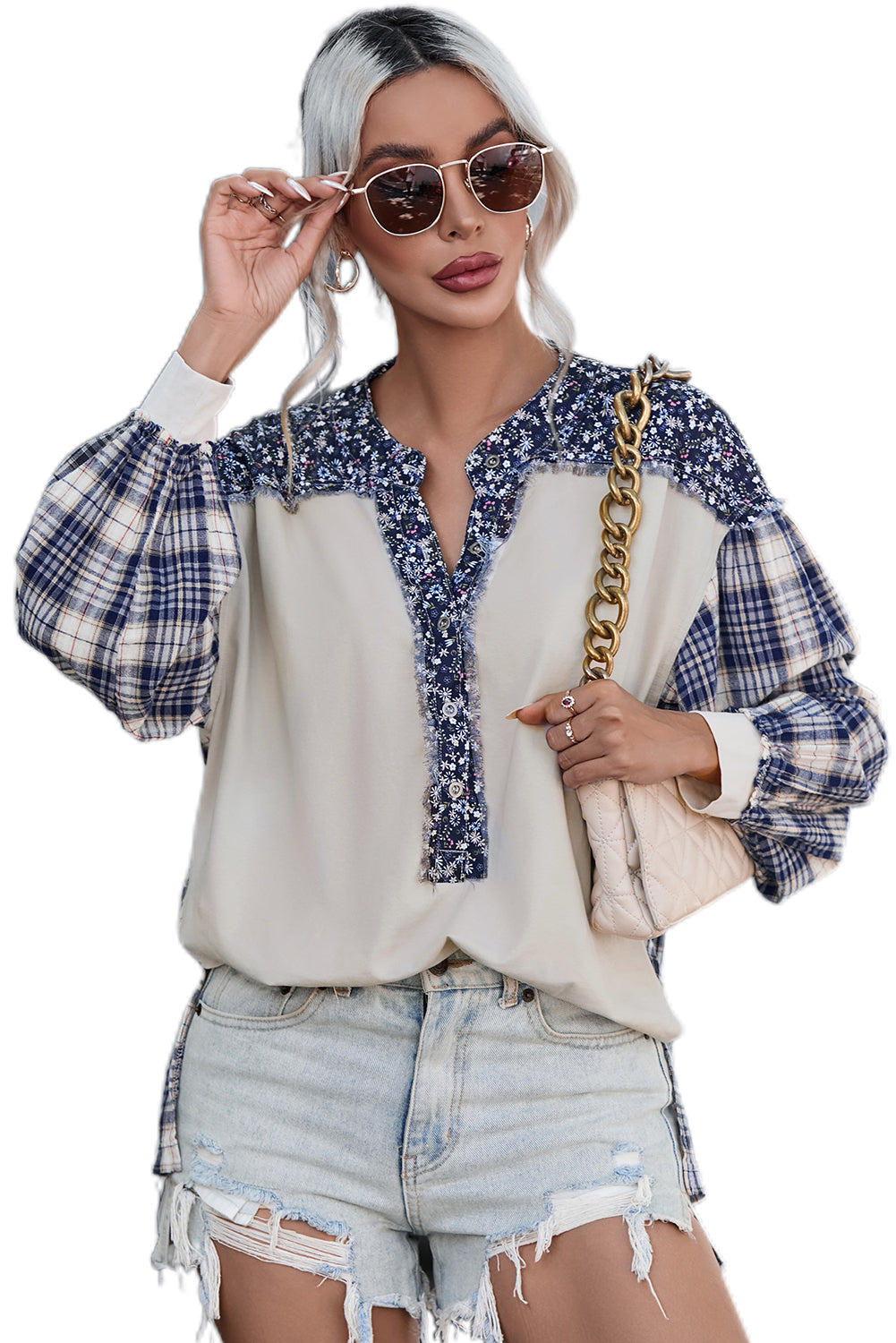 Blue Floral Plaid Mixed Print Bishop Sleeve Patchwork Top