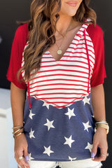 Hooded t-shirt with tightening printed stars and fiery red stripes