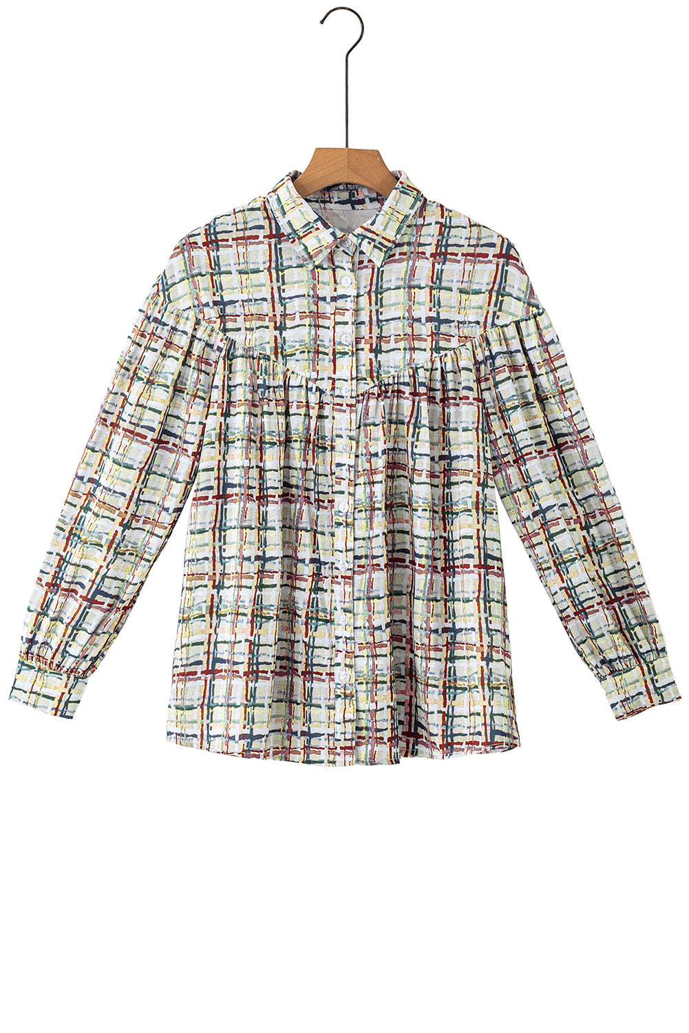 Multicolor Plaid Pattern Puff Sleeve Button Up Shirt