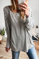 Gray Striped Crew Neck Long Sleeve Oversized Top