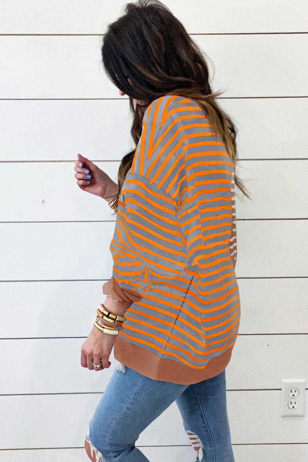 Stripe de franja marrón stripe colorblock caída de hombro sudadera de gran tamaño