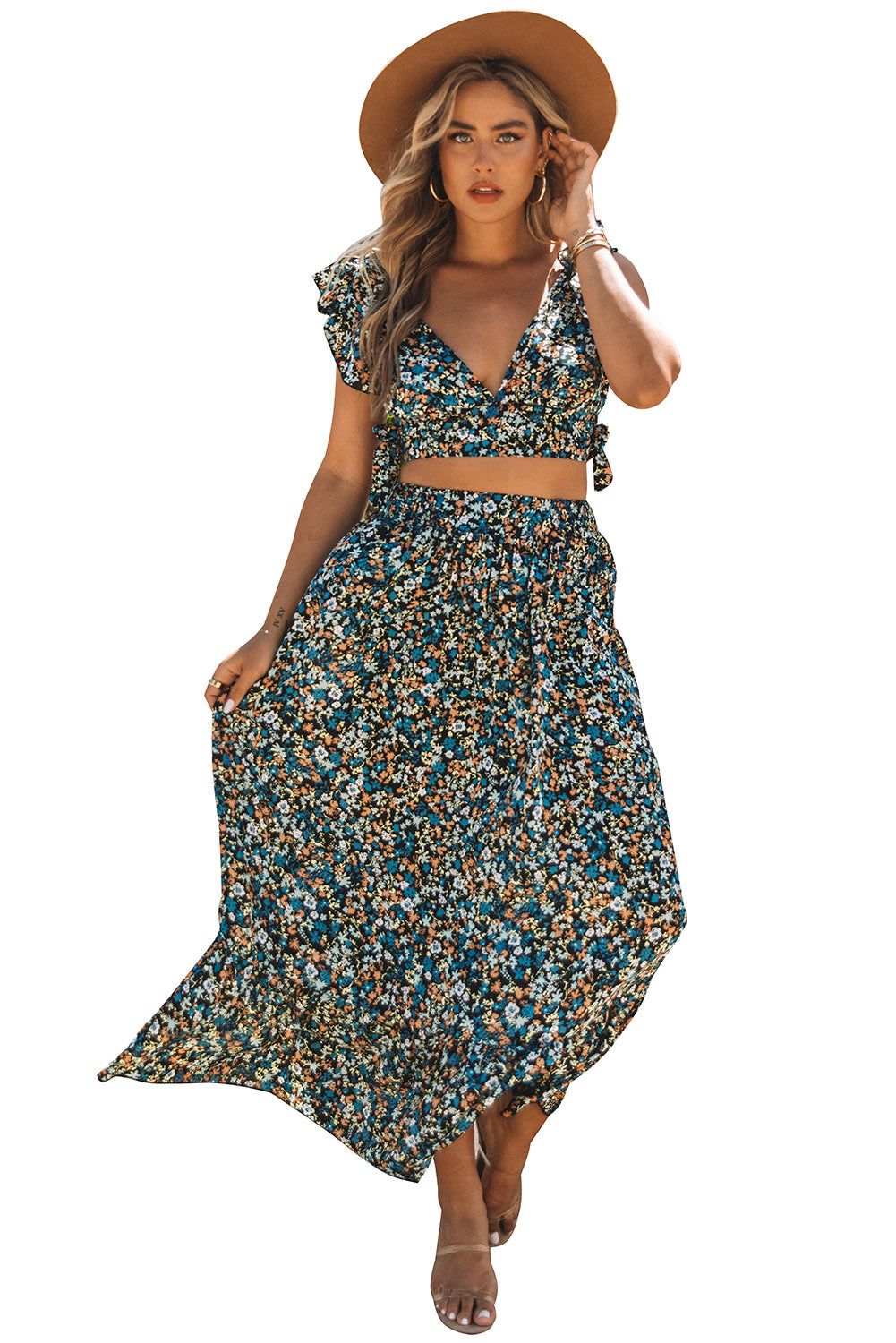 Top de cultivo floral multicolor y juego de faldas maxi