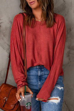 Bright Red Solid Color Patchwork Long Sleeve Top