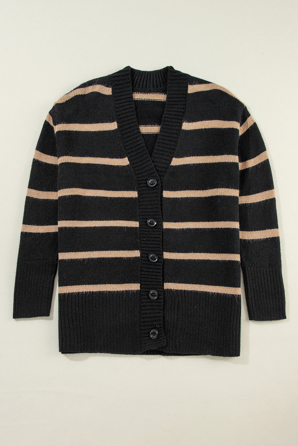 Black Striped Buttoned V-Neck Drop Shoulder Loose Cardigan