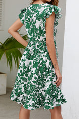 Vestido verde oscuro con hojas estampadas y manga flotante V -Clok Collar