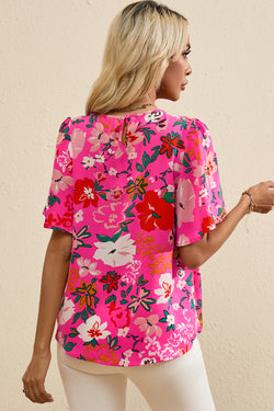 Short -sleeved sword blouse and pink flowers