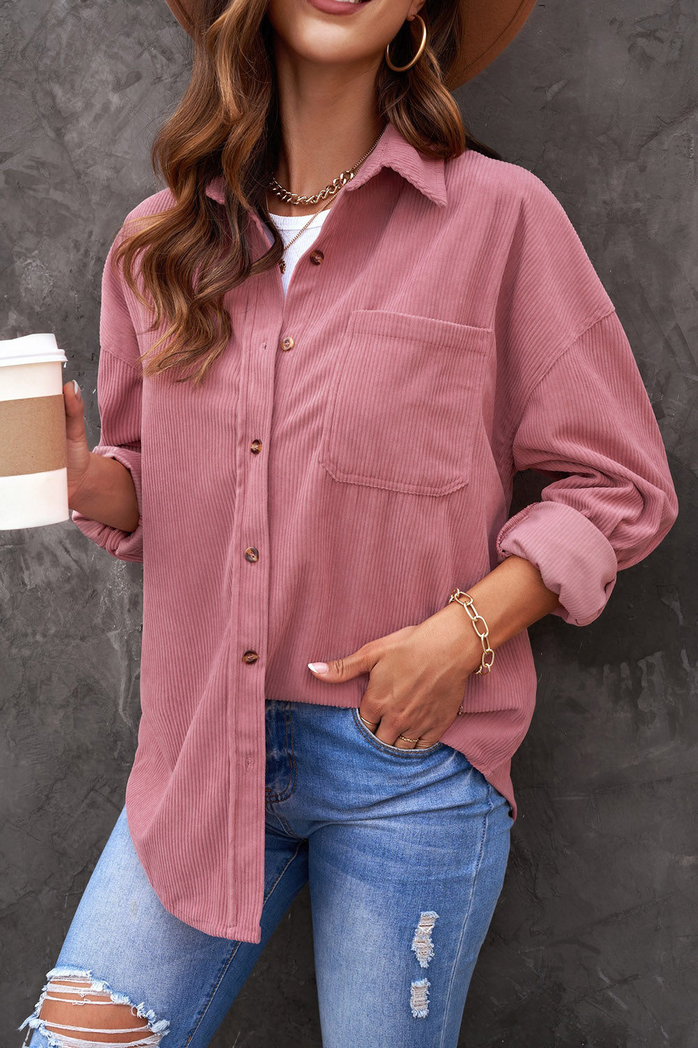 Pink Cord Button Pocket Shirt