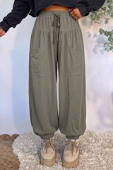 Pantalon large vert kaki ou bleu à taille élastiquée et cordon