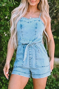 Beau Blue Spaghetti Strap Belted Denim Romper