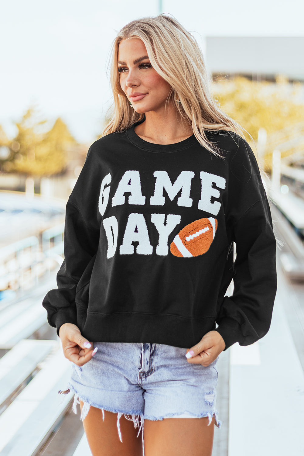 Black GAME DAY Graphic Varsity Pullover Sweatshirt