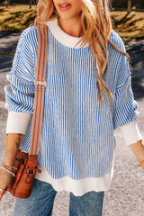 Pull ample à bords contrastés en tricot texturé à rayures bleu foncé
