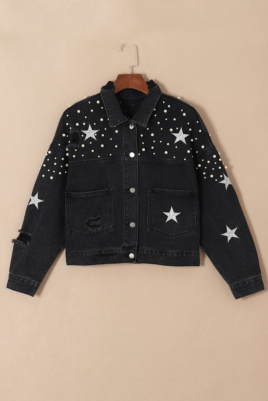 Veste en jean courte noire effet vieilli avec perles et étoiles