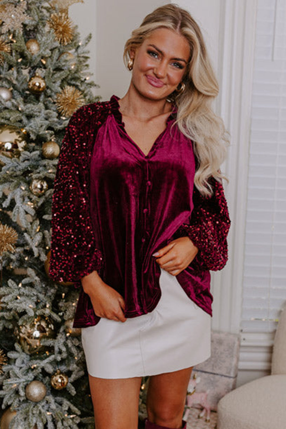 Red Dahlia Sequin Patchwork Sleeve Taste Up Velvet Top