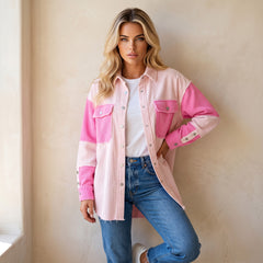 Veste rose en velours côtelé bicolore à coutures apparentes