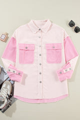 Veste rose en velours côtelé bicolore à coutures apparentes