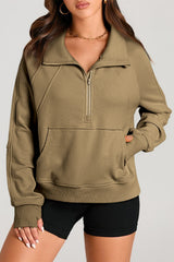 Brown sweatshirt with stand-up collar and kangaroo pocket with quarter-turn zip