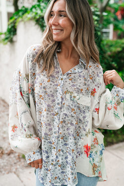 Chemise ample boutonnée à manches évêque florales Boho violettes *