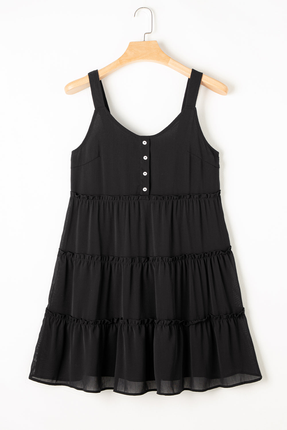 Black Sleeveless Ruffle V-Neck Dress with Buttons