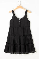 Black Sleeveless Ruffle V-Neck Dress with Buttons