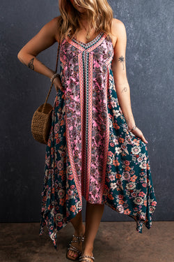 Bohemian pink floral print patchwork long summer dress