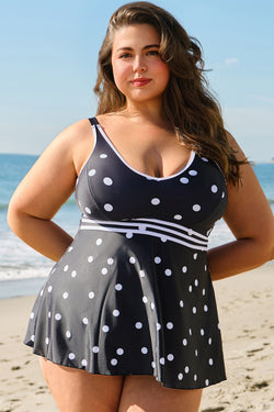 Large -waisted black bathroom dress and polka dot border