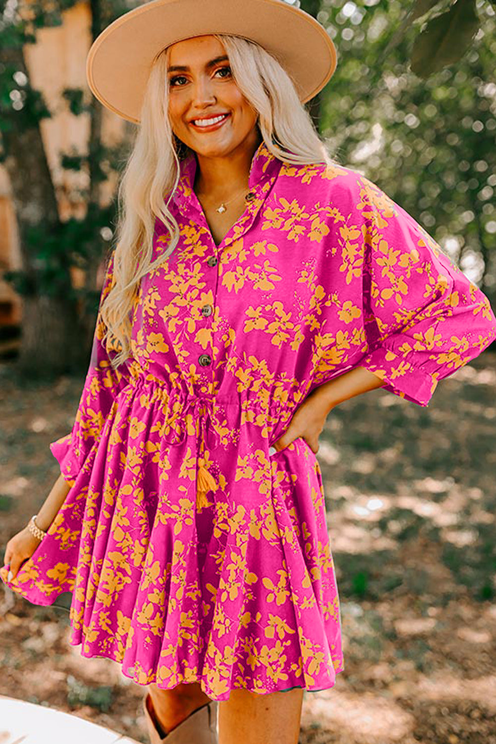 Robe courte fluide tunique à cordon de serrage imprimé floral rose