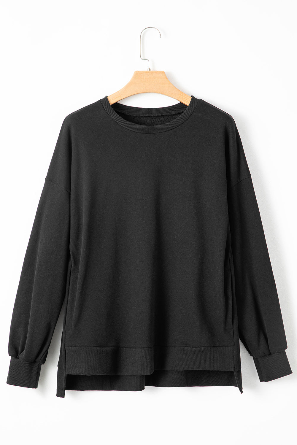 Sweat-shirt noir uni à col rond et ourlet haut et bas