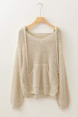 Hooden sweater with openwork kangaroo pocket and v -collar