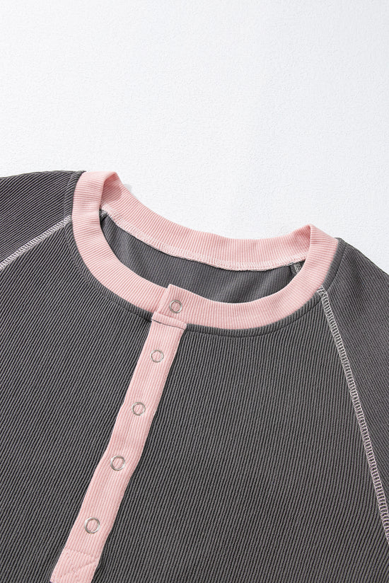 Carbon Grey Textured Henley Top with Contrast Stitching