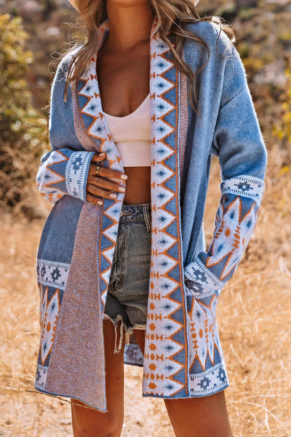 Cardigan blu a maglia frontale aztec aztec