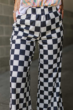 Large high waist pants black with two -color tiles *