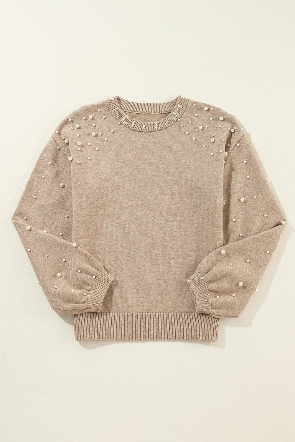 Pull gris fumée à col rond et épaules tombantes perlées *