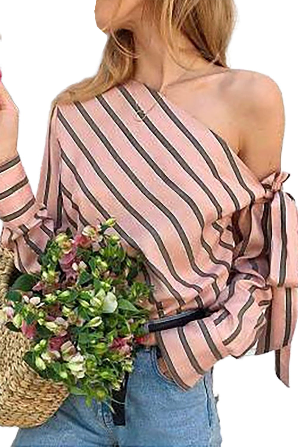 Blouse asymétrique rayée rose à épaules nouées