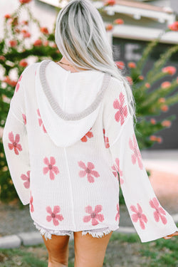 White lightweight knit hoodie with floral print