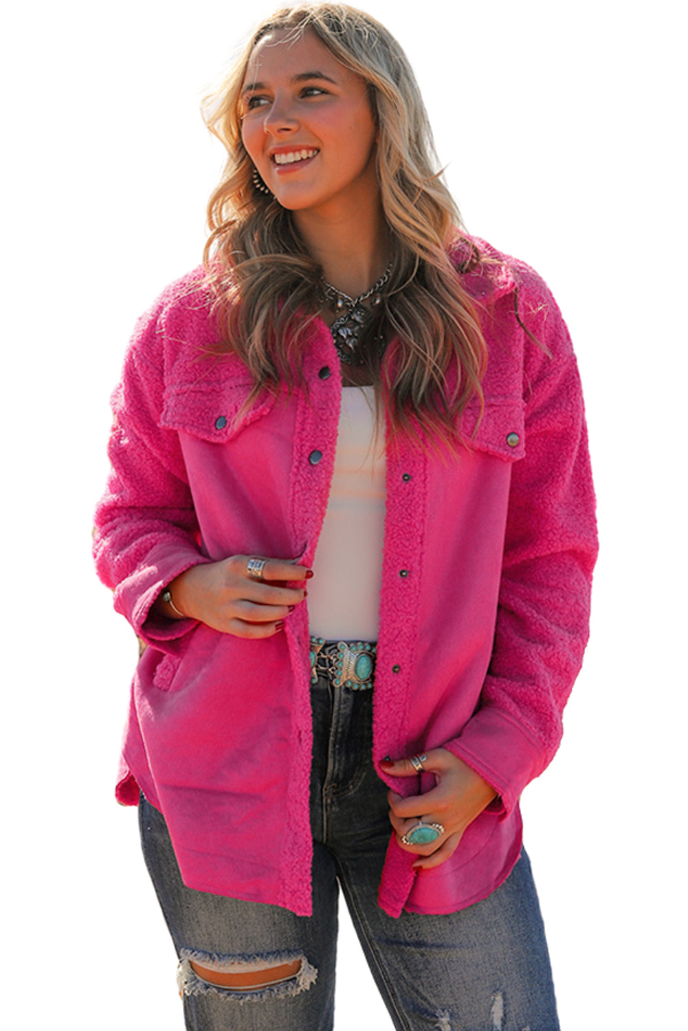 Shacket abbottonate per patchwork in sherpa in cambio rosa brillante