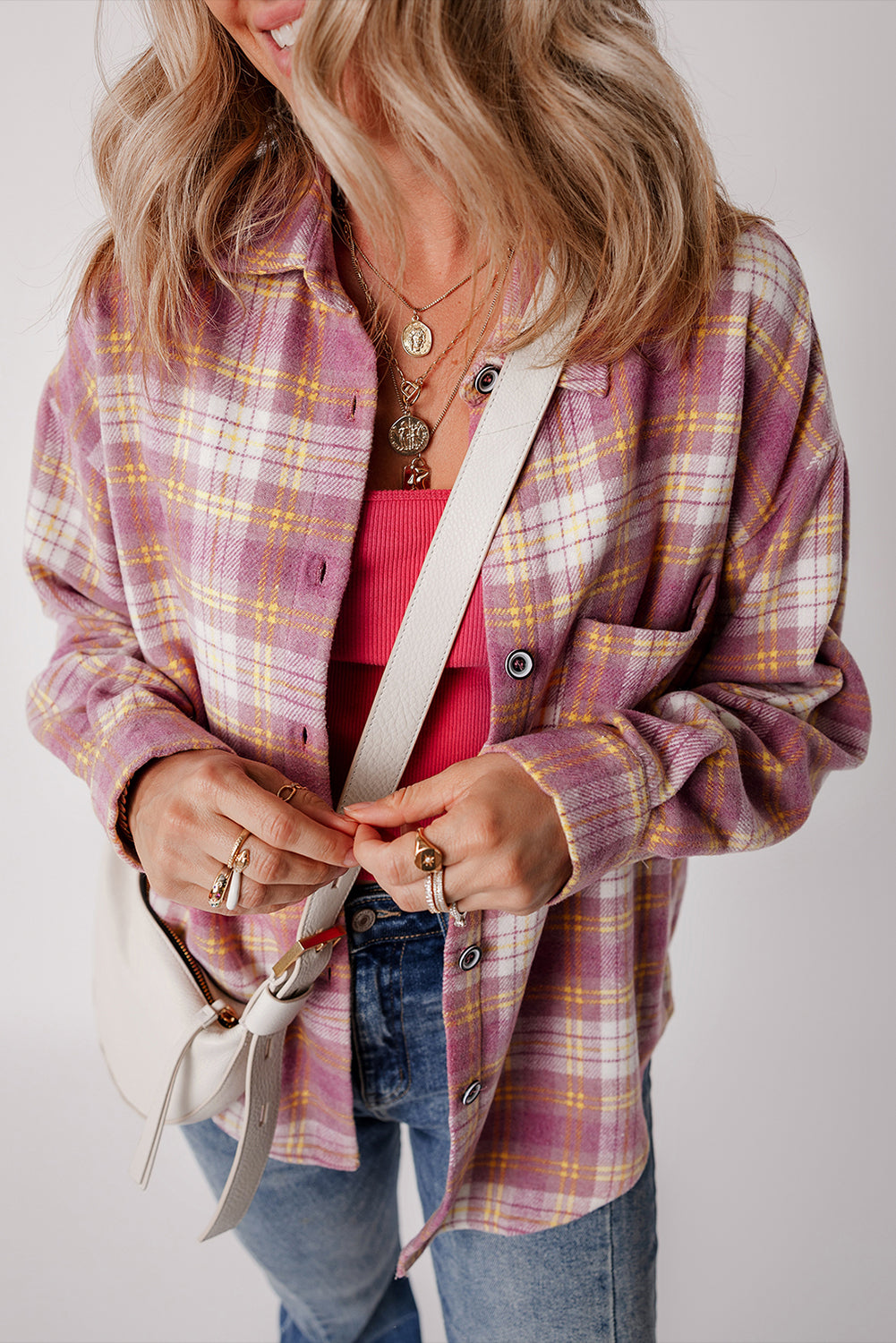 Veste à manches longues et poche poitrine à imprimé écossais rose