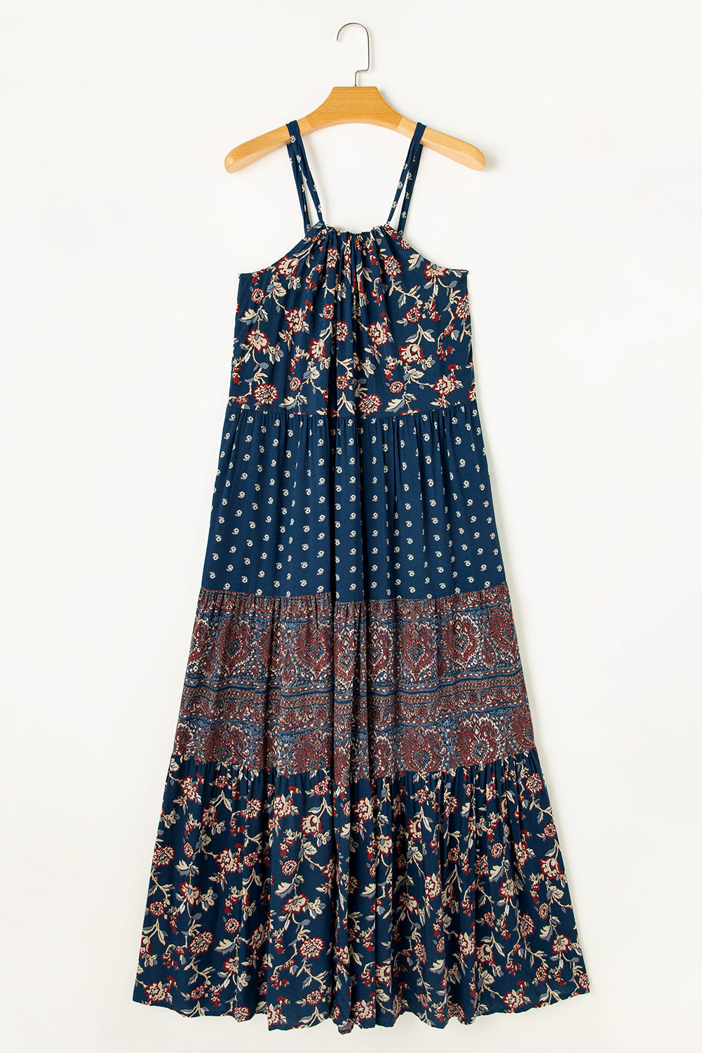 Blue Boho Floral Splicing Sleeveless Dress