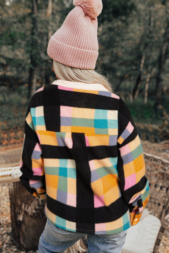 Black half-button collar sweatshirt with plaid print pocket