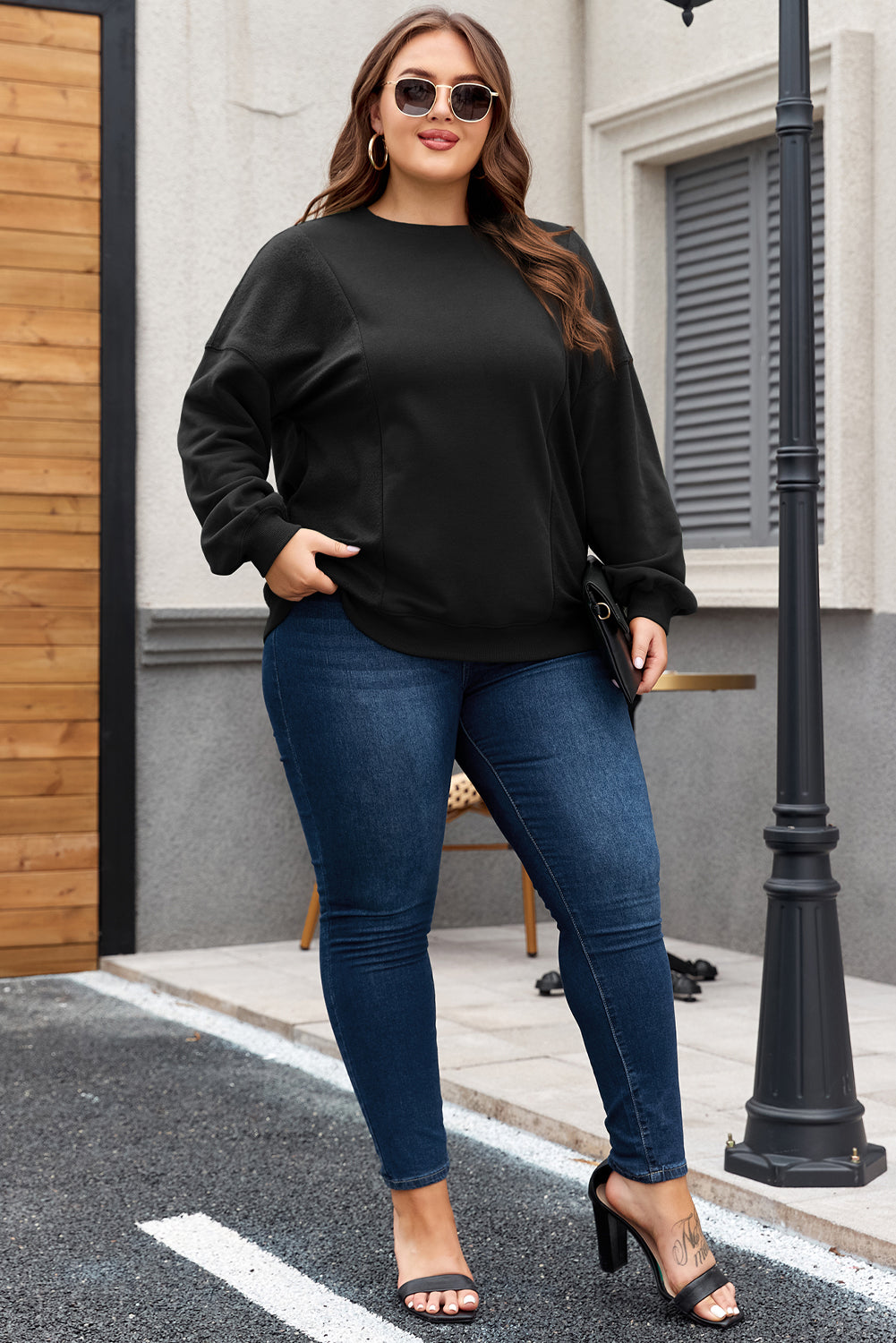 Black Crew Neck Patchwork Loose Sweatshirt Plus Size