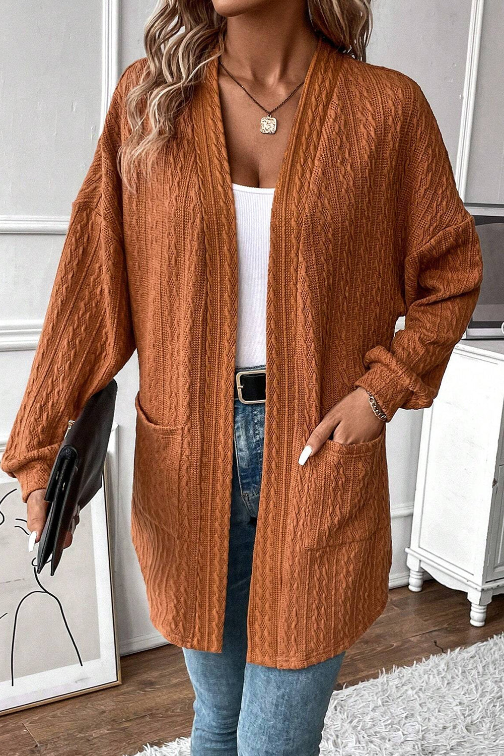 Chestnut Textured Knit Open Front Cardigan with Side Pockets