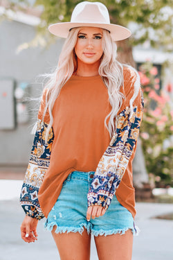 Brown Boho Floral Print Balloon Sleeve Top with Lace Detail