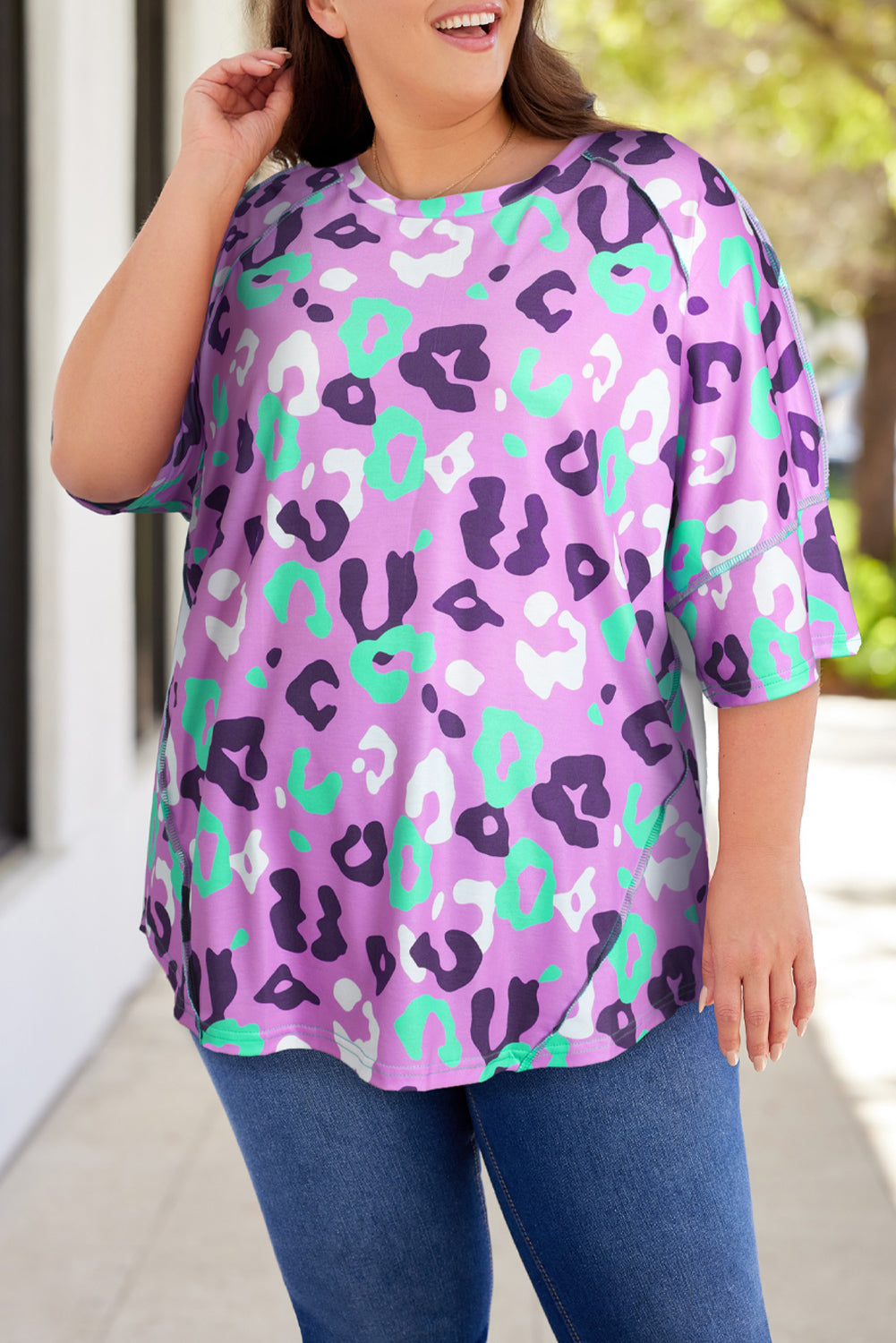 Purple Leopard Kiss Print Tun a manica corta Plus size