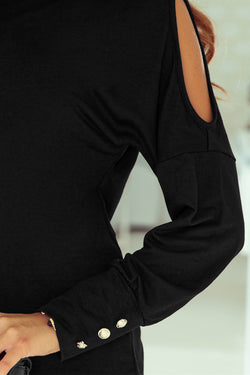 Black Asymmetrical Buttoned Top with Long Sleeves and Cutouts