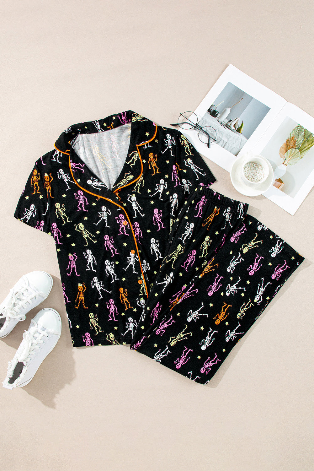 Ensemble pyjama chemise à manches courtes à motif d'Halloween noir-A WOMAN WE LOVE
