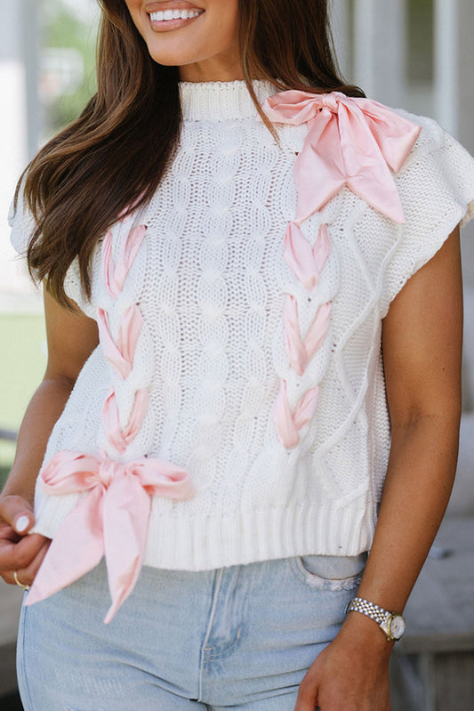 Pull à manches courtes en tricot torsadé blanc avec nœud papillon en satin color block