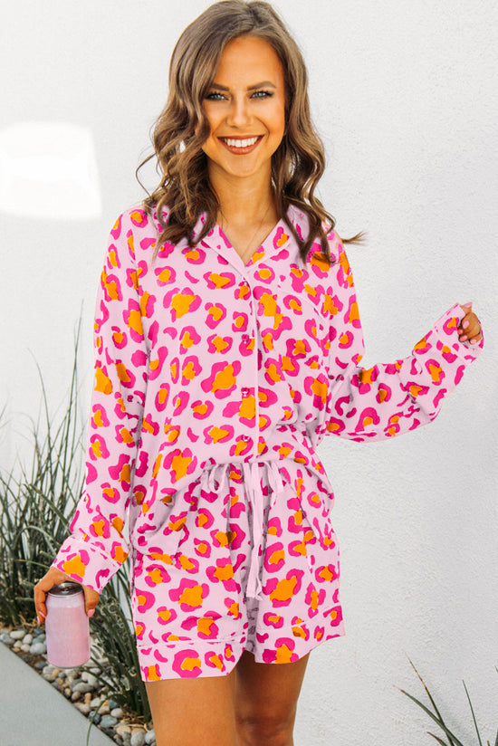 Pink pajama set with long sleeve shirt and leopard print shorts