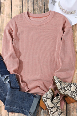 Solid Pink Ribbed Knit Crew Neck Sweatshirt