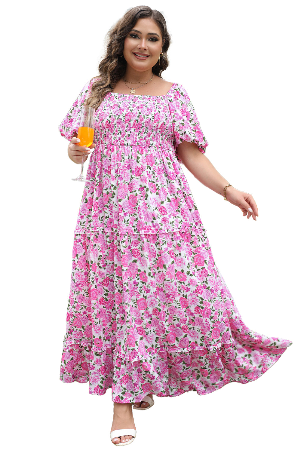 Pink Plus Size Blumendruck Smocked Puffärmel Kleid