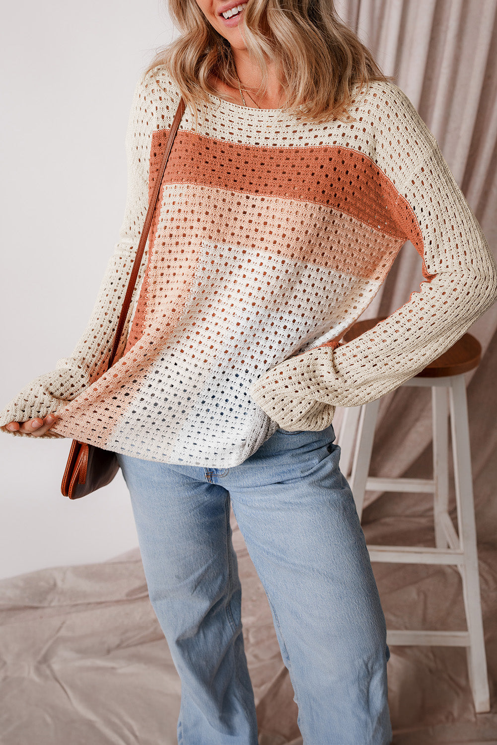 Apricot Pointelle Knit Colorblock Sweater Haggy