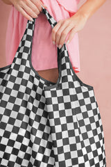 Grand sac cabas noir en toile à imprimé damier